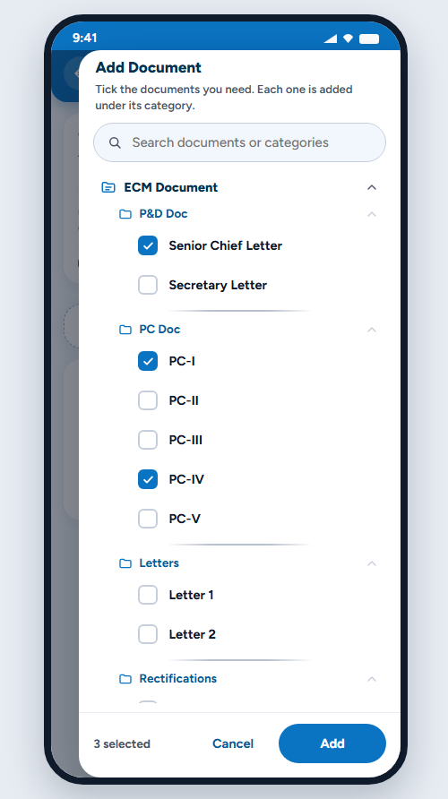 Add Document drawer, open tree